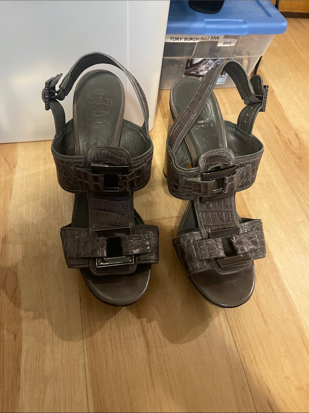 Tory Burch Dark Brown Croc-Embossed Leather Slingback Heels